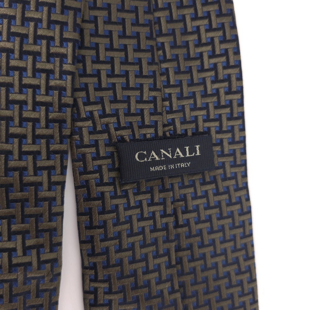 Canali Mens Tie 100% Silk Olive Green Navy Geometric Basketweave Made in Italy - Picture 4 of 10